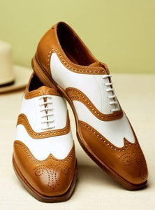 Stylish Handmade Men's Oxford Wing Tip Brogue Tan & White Leather Shoes - theleathersouq