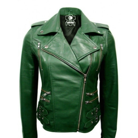 Stylish Women's BRANDO CLASSIC Green Leather Jacket, Ladies' Leather Jacket - theleathersouq