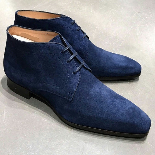 Elegant Handmade Blue Color Suede Boots, Men's Fashion Chukka Lace Up Boots - theleathersouq