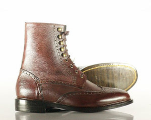 Stylish Handmade Men's Chocolate Brown Pebbled Leather Wing Tip Brogue Lace Up Boots, Men Ankle Boots, Men Fashion Boots