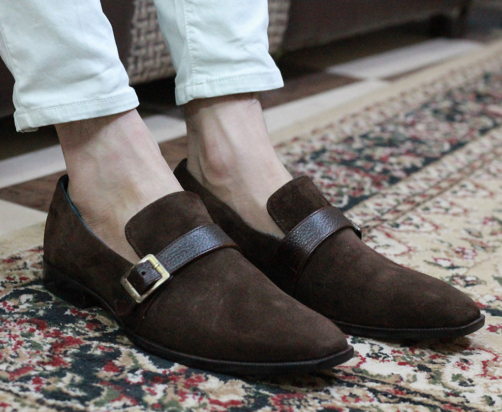 Handmade Men’s Brown Suede Monk Strap Slip On Loafers, Men Brown Dress Shoes - theleathersouq