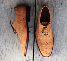 Load image into Gallery viewer, Handmade Men’s Tan Wing Tip Brogue Suede Shoes, Men Suede Dress Shoes - theleathersouq