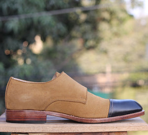 Handmade Men's Leather Suede Cap Toe Shoes, Men Black Tan Double Monk Strap Shoes - theleathersouq