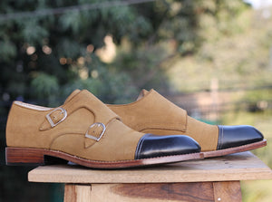 Handmade Men's Leather Suede Cap Toe Shoes, Men Black Tan Double Monk Strap Shoes - theleathersouq