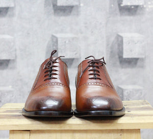 Handmade Men's Brown Brogue Leather Shoes, Men's Brown Lace Up Dress Shoes - theleathersouq