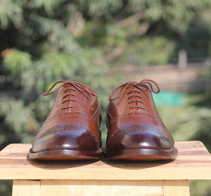 Handmade Men's Two Tone Brown Brogue Leather Shoes, Men's Lace Up Dress Shoes - theleathersouq
