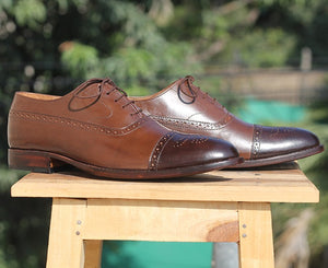 Handmade Men's Two Tone Brown Brogue Leather Shoes, Men's Lace Up Dress Shoes - theleathersouq