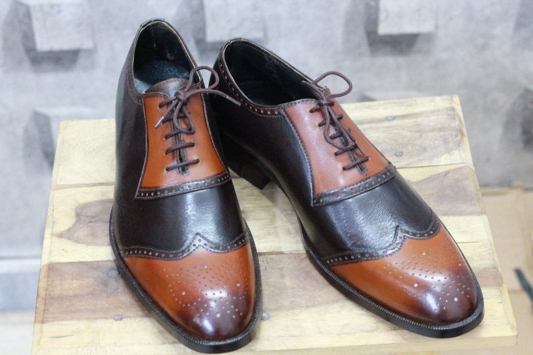 Handmade Men's Two Tone Tan Brown Wing tip Leather Shoes - theleathersouq