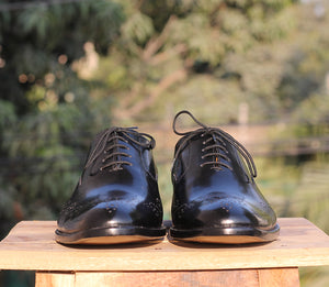 Handmade Men's Black Brogue Leather Stylish Shoes, Men Lace Up Black Dress Shoes - theleathersouq