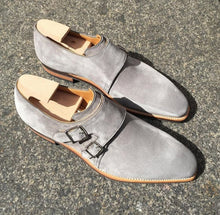Load image into Gallery viewer, Handmade Men&#39;s Gray Suede Double Monk Strap shoes - theleathersouq