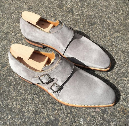 Handmade Men's Gray Suede Double Monk Strap shoes - theleathersouq