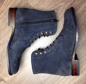 Handmade Men’s Navy Blue Lace Up Boots, Suede Leather Wing Tip Brogue Zipper Boots - theleathersouq