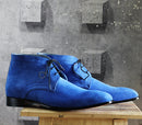 Handmade Men’s Blue Half Ankle Suede Lace Up Boots, Men Suede Chukka Boots - theleathersouq