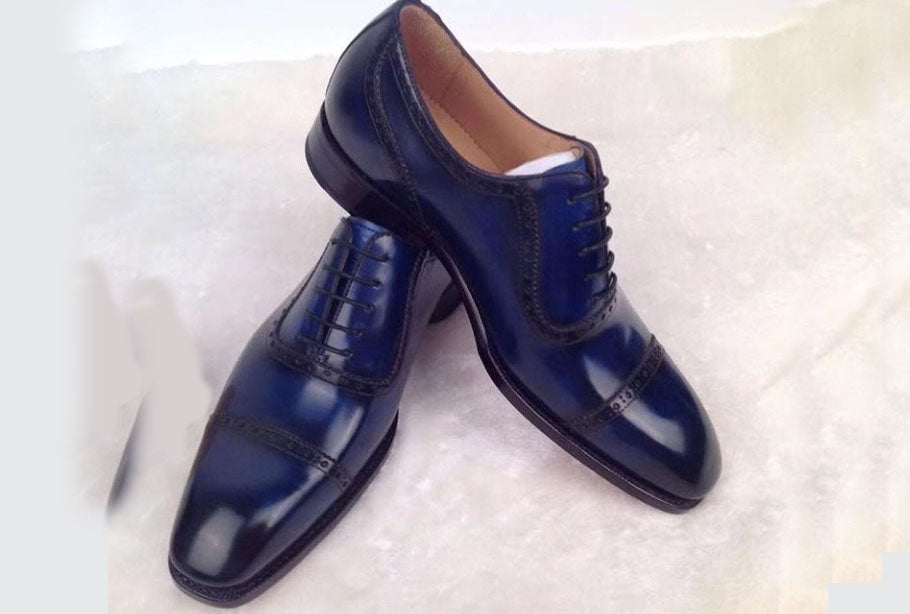 Handmade Men’s Navy Color Leather Shoes, Men Cap Toe Dress Formal Lace Up Shoes - theleathersouq