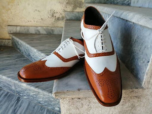 Handmade Men’s White & Tan Leather Shoes, Wing Tip Brogue Dress Lace Up Shoes - theleathersouq