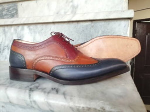 Handmade Men’s Navy & Tan Brown Leather Shoes, Men Wing Tip Brogue Dress Shoes - theleathersouq
