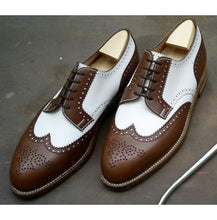 Load image into Gallery viewer, Handmade Men&#39;s Dark Brown &amp; White Wing Tip Brogue Lace Up Formal Dress Shoes - theleathersouq