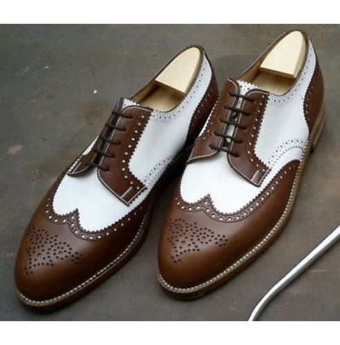 Handmade Men's Dark Brown & White Wing Tip Brogue Lace Up Formal Dress Shoes - theleathersouq