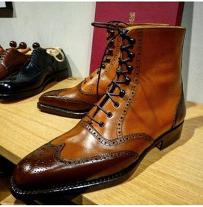 Handmade Men's Brown Leather Wingtip Ankle Leather Boots, Men Leather Boots - theleathersouq
