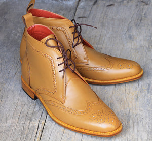 Handmade Men's Wing Tip Brogue Leather Chukka boots, Tan leather Lace Up boots - theleathersouq