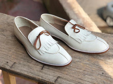 Load image into Gallery viewer, Elegant Handmade Men&#39;s White Leather Fringed &amp; Tassel Dress Shoes - theleathersouq