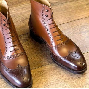 Handmade Men’s Brown Lace Up Boots, Men Leather Ankle High Wing Tip Brogue Boots - theleathersouq