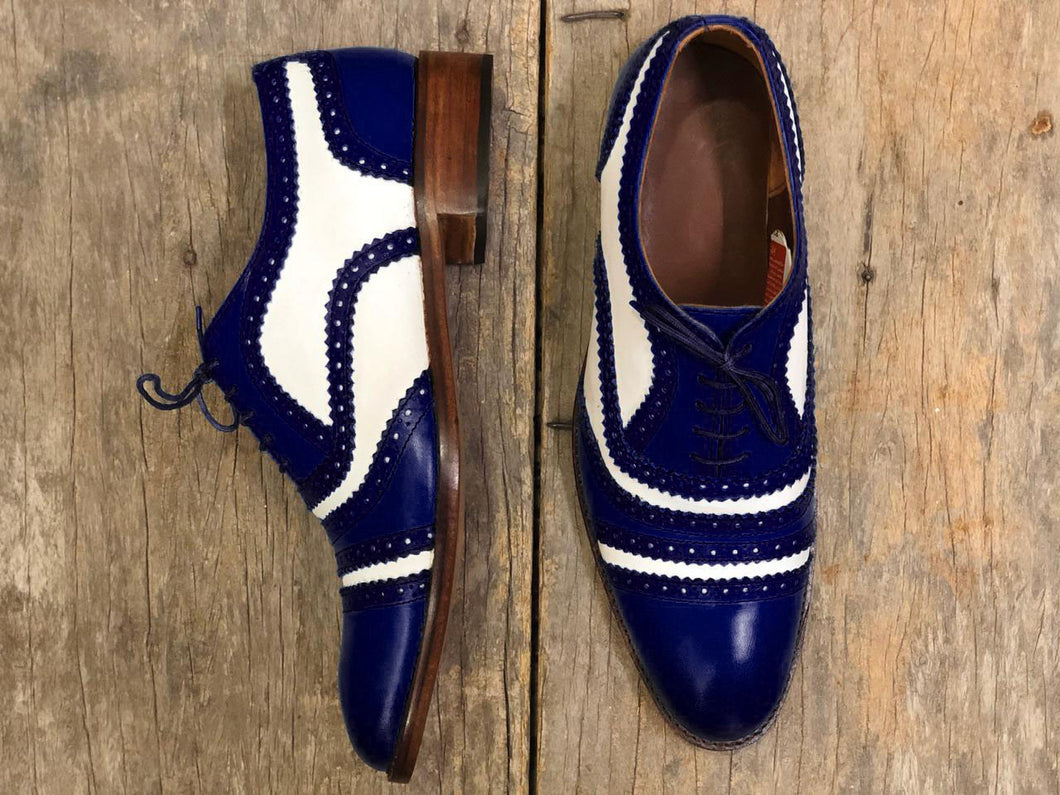 Men's Handmade White Blue Cap Toe Leather Lace Up Shoes, Men Formal Dress Shoes - theleathersouq