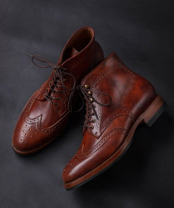 Latest Men's Handmade Brown Color Boots, Men's Lace Up Wing Tip Brogue Leather Boots - theleathersouq