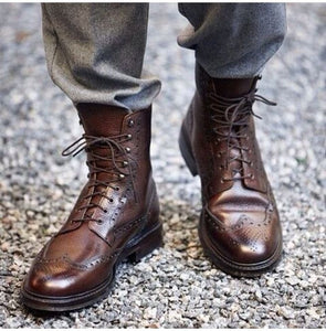 Men Handmade Brown Color Boots, Men's Lace Up Wing Tip Brogue Leather Boots - theleathersouq