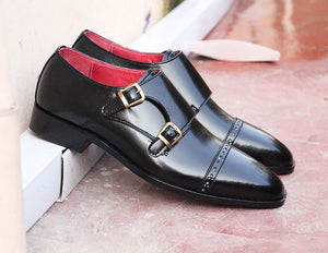 Handmade Men's Cap Toe Black Double Monk Formal Leather Shoes, Men Dress Shoes - theleathersouq