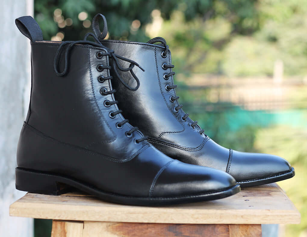 Handmade Men's Ankle High Cap Toe Leather Dress boots, Men Black Lace up  Boots