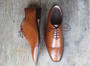 Handmade Men Cap Toe Brogue Tan Leather Stylish Dress Formal Lace Up Shoes - theleathersouq