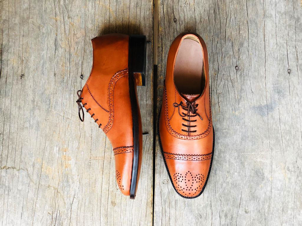 Handmade Men's Oxford Tan Cap Toe Shoes, Men Office Dress Designer Bro ...
