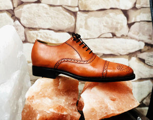 Handmade Men's Oxford Tan Cap Toe Shoes, Men Office Dress Designer Brogue Shoes - theleathersouq