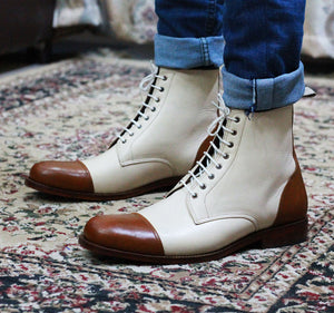 Handmade Men’s Cream Brown Cap Toe Ankle Boots, Men Leather Lace Up Fashion Boots - theleathersouq