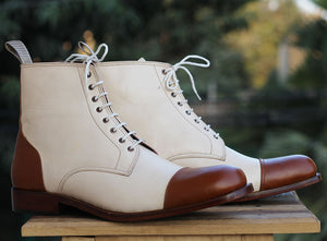 Handmade Men’s Cream Brown Cap Toe Ankle Boots, Men Leather Lace Up Fashion Boots - theleathersouq