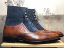 Men's Handmade Brown Blue Wing Tip Leather & Suede Lace Up Ankle High Boots - theleathersouq