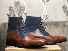 Load image into Gallery viewer, Men&#39;s Handmade Brown Blue Wing Tip Leather &amp; Suede Lace Up Ankle High Boots - theleathersouq