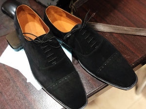 Men's Handmade Black Cap Toe Suede Shoes, Men Lace Up Dress Formal Shoes - theleathersouq