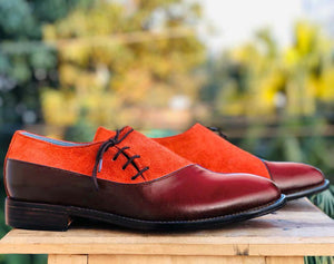 Handmade Men’s Burgundy & Tan Dress Shoes, Men Leather & Suede Lace Up Shoes - theleathersouq