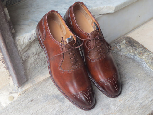 Handmade Brown Brogue Lace Up Pebbled Leather Shoes, Men Dress Formal Shoes - theleathersouq
