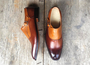 New Handmade Men's Tan & Brown Color Shoes, Men Stylish Leather Monk Strap Shoes - theleathersouq