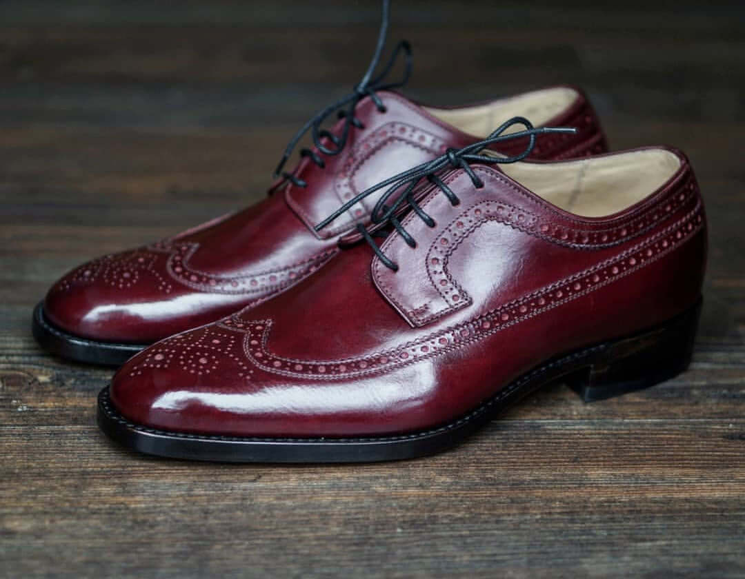 Men’s Handmade Burgundy Color Leather Shoes, Men Wing Tip Brogue Dress  Formal Lace Up Shoes