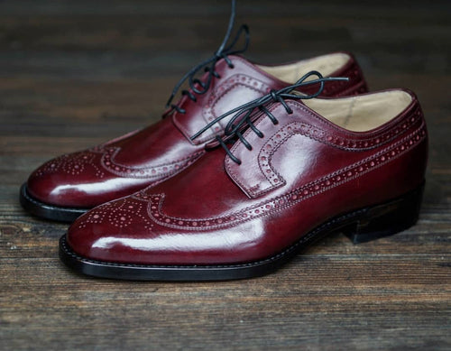 Men’s Handmade Burgundy Color Leather Shoes, Men Wing Tip Brogue Dress Formal Lace Up Shoes - theleathersouq