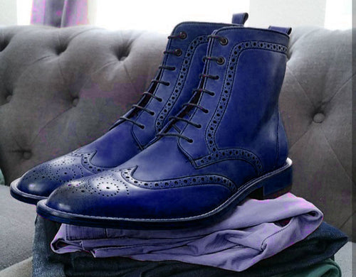 New Handmade Men's Wing Tip Brogue Leather Boot,Men Blue Ankle High Lace Up Boot - theleathersouq