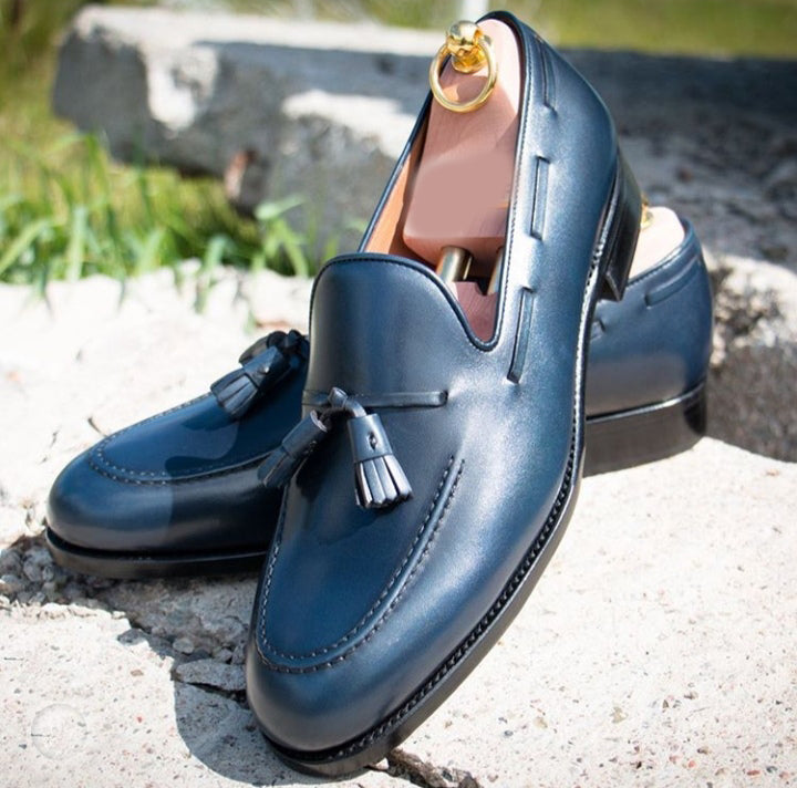 Handmade Men’s Blue Color Leather Shoes, Men Round Toe Slip On Dress Formal Tussle Loafers - theleathersouq