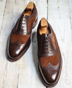 Men’s Handmade Brown Color Leather & Suede Shoes, Men Wing Tip Brogue Dress Formal Lace Up Shoes - theleathersouq