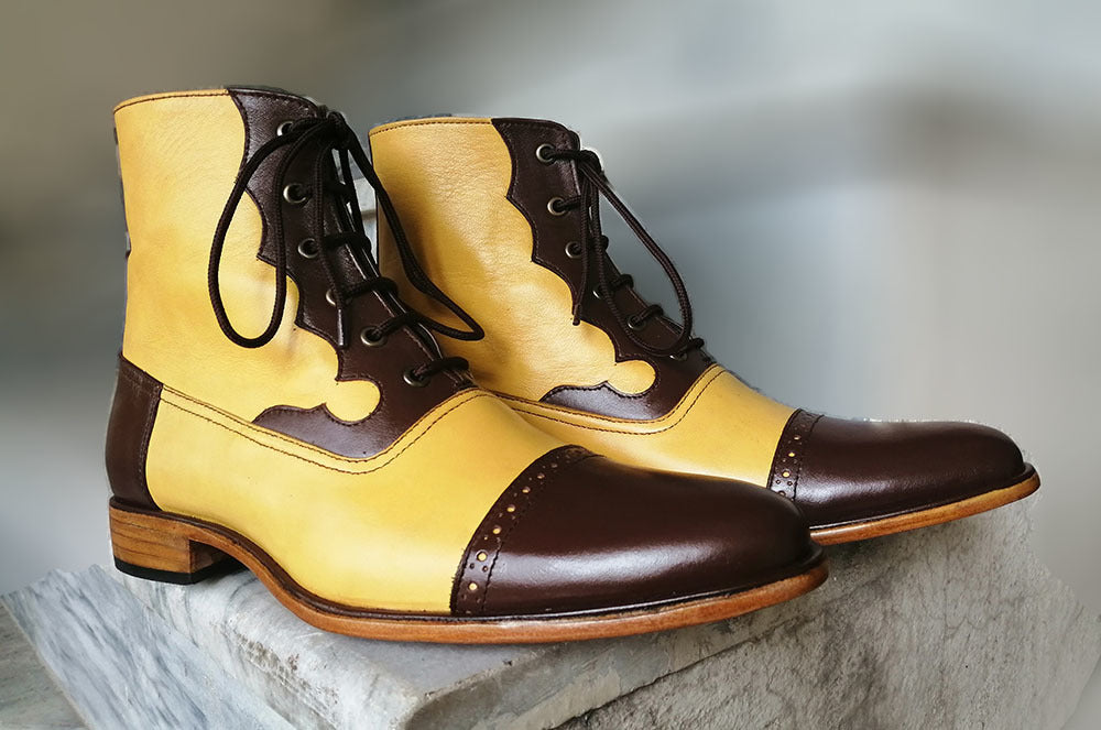 Handmade Men's Two Tone Cap Toe Lace Up Leather Boots, Men Stylish Lace Up Boots - theleathersouq