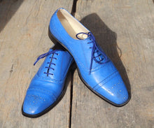Load image into Gallery viewer, Men’s Handmade Blue Color Leather Shoes, Men Cap Toe Brogue Dress Formal Shoes - theleathersouq