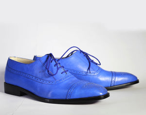 Men’s Handmade Blue Color Leather Shoes, Men Cap Toe Brogue Dress Formal Shoes - theleathersouq